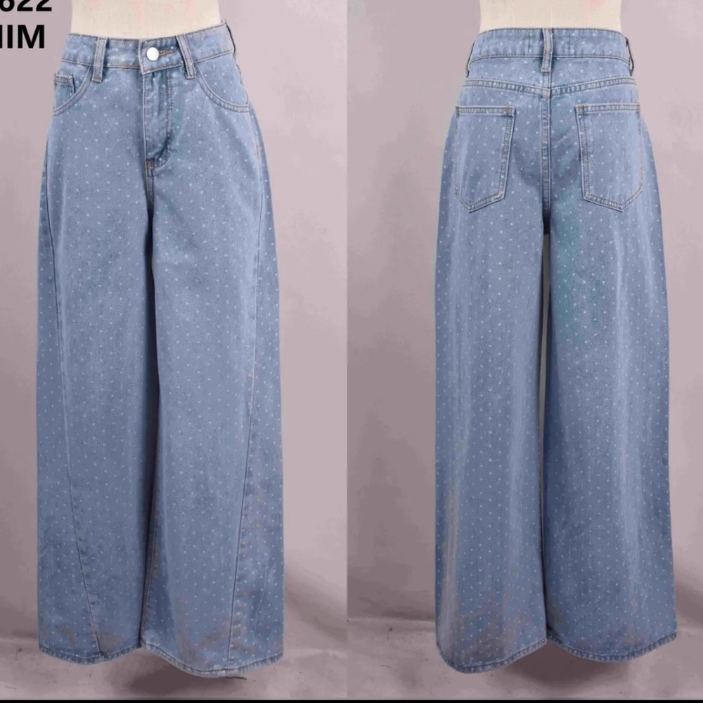 ShopEvelynne Light Blue Polka Dot Wide Leg Jeans NWOT